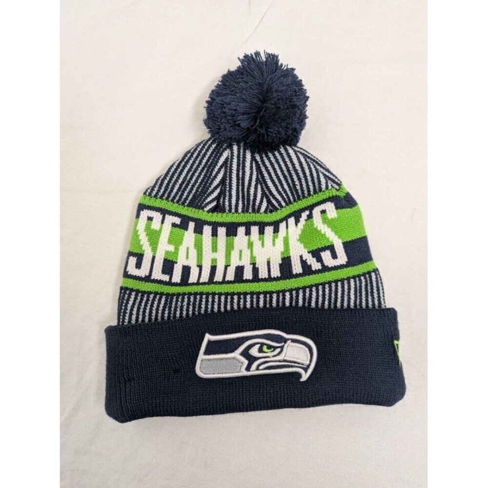 New Era NFL Seattle Seahawks unisex pom pom beanie, navy blue white and green C9